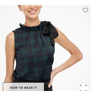 Black Plaid ruffle neck tie blouse